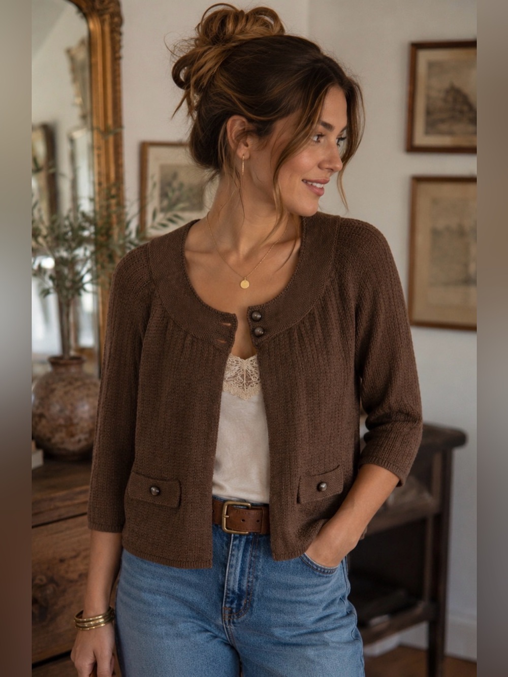 Croft & Barrow Brown Textured Knit Vintage Style Cardigan